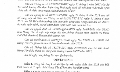 Quyết định về việc công bố công khai điều chỉnh dự toán ngân sách nhà nước năm 2023