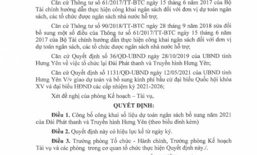 Quyết định về việc công bố công khai dự toán ngân sách bổ sung năm 2021 của Đài Phát thanh và Truyền hình Hưng Yên