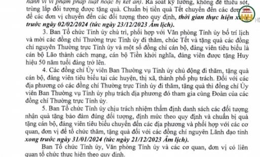 Thông báo ý kiến của Ban Thường vụ Tỉnh ủy Hưng Yên về việc tặng quà Tết Nguyên đán Giáp Thìn năm 2024.