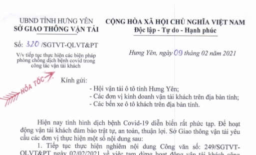 Sở GTVT tỉnh Hưng Yên: Tiếp tục thực hiện các biện pháp phòng, chống dịch bệnh Covid - 19 trong công tác vận tải khách
