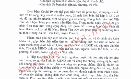 Hưng Yên thực hiện quyết liệt nhiệm vụ phòng, chống dịch Covid trên địa bàn tỉnh