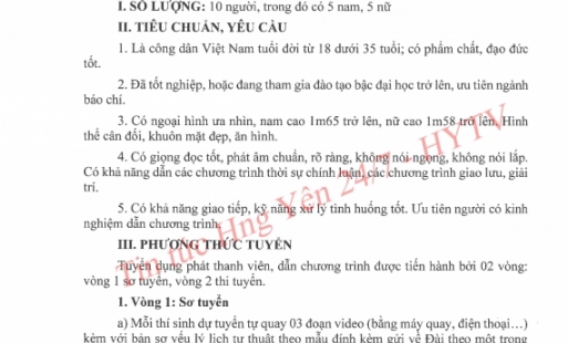 Đài PT- TH Hưng Yên thông báo tuyển phát thanh viên, dẫn chương trình.