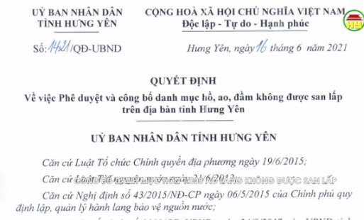 Hưng Yên công bố danh mục hơn 1000 ao, hồ không được san lấp