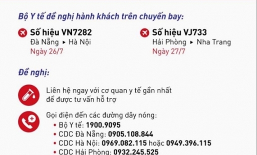Bộ Y tế thông báo khẩn tìm người trên hai chuyến bay VN7282 và VJ733