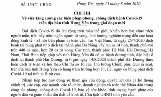 Chỉ thị của Chủ tịch UBND tỉnh về tăng cường phòng, chống dịch Covid – 19