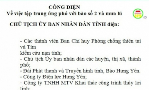 Công điện hỏa tốc của Chủ tịch UBND tỉnh về ứng phó với bão số 2 và mưa lũ