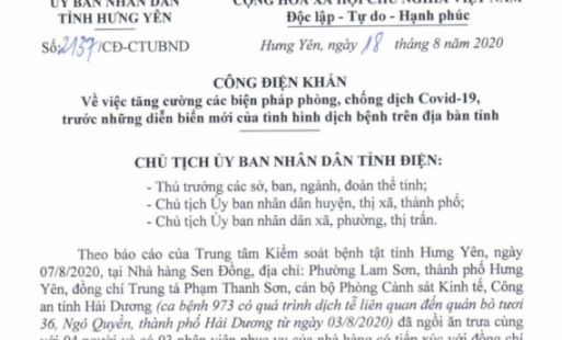 Công điện khẩn của Chủ tịch UBND tỉnh Hưng Yên về tăng cường phòng, chống dịch Covid - 19