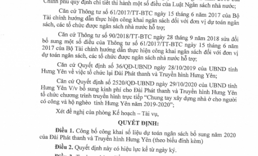 Quyết định: Về việc công bố công khai dự toán ngân sách bổ sung năm 2020 của Đài Phát thanh và Truyền hình Hưng Yên