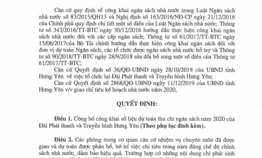 Quyết định: Về việc công bố công khai dự toán ngân sách nhà nước năm 2020