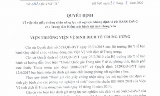 Hưng Yên được cấp giấy chứng nhận đủ năng lực xét nghiệm khẳng định virus SARS-CoV-2
