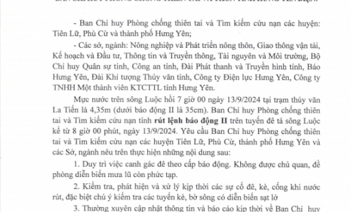 Công điện về việc rút lệnh báo động II trên tuyến đê tả sông Luộc kể từ 8 giờ 00 phút ngày 13/09/2024