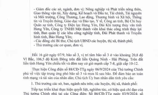Công điện về việc tập trung ứng phó bão số 3 và mưa lũ sau bão