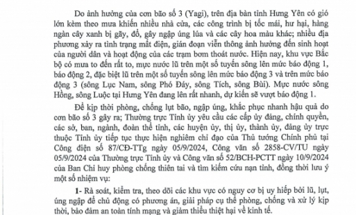 Thường trực Tỉnh ủy Hưng Yên yêu cầu các cấp ủy đảng, chính quyền, các đơn vị, địa phương tiếp tục thực hiện nghiêm chỉ đạo của Thủ tướng Chính phủ về việc phòng, chống lụt bão và khắc phục hậu quả bão số 3