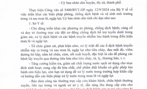 UBND tỉnh Hưng Yên chỉ đạo các đơn vị, địa phương triển khai các biện pháp phòng, chống dịch bệnh và vệ sinh môi trường trong và sau mưa lũ, ngập lụt