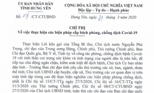 Chỉ thị của Chủ tịch UBND tỉnh Hưng Yên về thực hiện các biện pháp cấp bách phòng, chống dịch Covid - 19