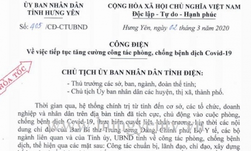 Công điện khẩn của Chủ tịch UBND tỉnh về tăng cường phòng, chống dịch bệnh Covid - 19