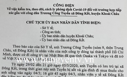 Công điện khẩn: Theo dõi, cách ly đối với một trường hợp ở xã Đông Kết, Khoái Châu