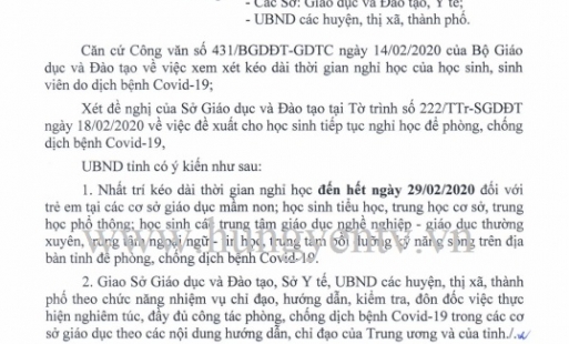Hưng Yên kéo dài thời gian nghỉ học của học sinh đến hết 29/2