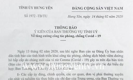 Tỉnh ủy Hưng Yên chỉ đạo tăng cường phòng, chống dịch Covid - 19