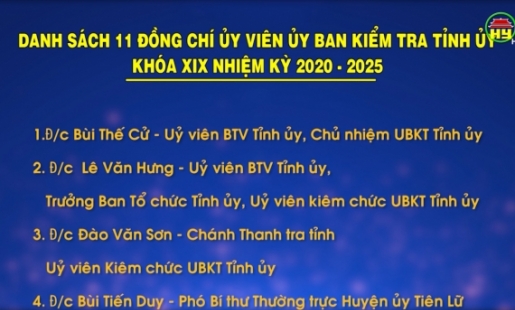 Danh sách 11 đồng chí ủy viên Ủy ban Kiểm tra tỉnh ủy khóa XIX, nhiệm kỳ 2020 - 2025