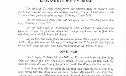 Nghị quyết xác nhận kết quả lấy phiếu tín nhiệm đối với người giữ chức vụ do HĐND tỉnh bầu
