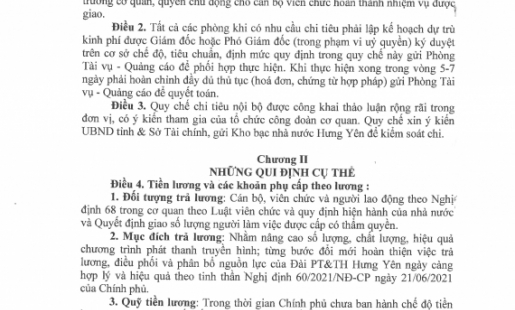 Quy chế chi tiêu nội bộ của Đài Phát thanh và Truyền hình Hưng Yên năm 2023 Phụ lục 1