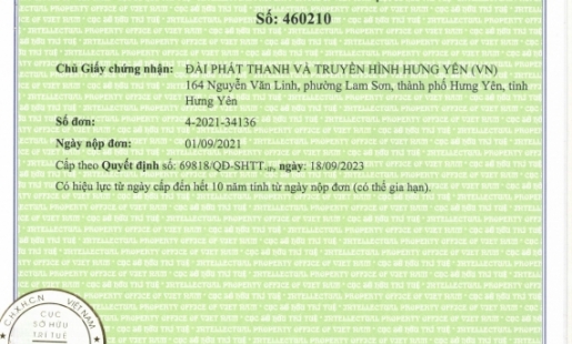 Giấy chứng nhận đăng ký nhãn hiệu Logo Đài Phát thanh và Truyền hình Hưng Yên
