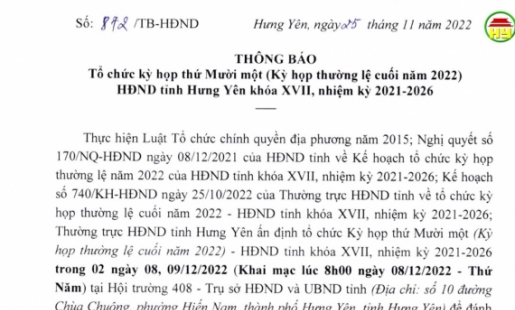Thông báo kỳ họp thứ XI HĐND tỉnh khóa XVII
