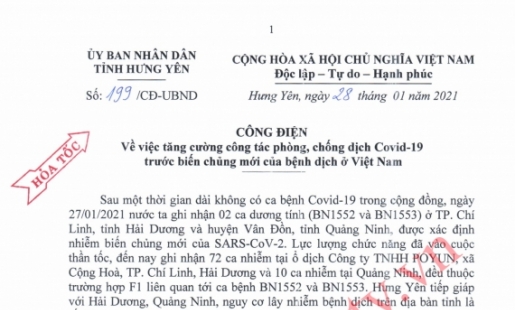 Công điện khẩn của UBND tỉnh Hưng Yên về việc tăng cường công tác phòng, chống dịch Covid - 19 trước biến chủng mới của bệnh dịch ở Việt Nam