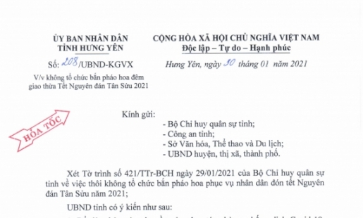 Hưng Yên không bắn pháo hoa tết Tân Sửu phòng chống Covid 19
