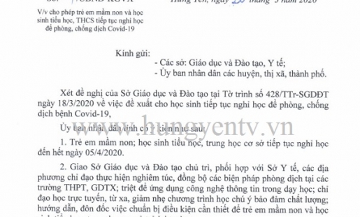 Trẻ em mầm non, học sinh tiểu học, THCS ở Hưng Yên tiếp tục được nghỉ học đến 5/4