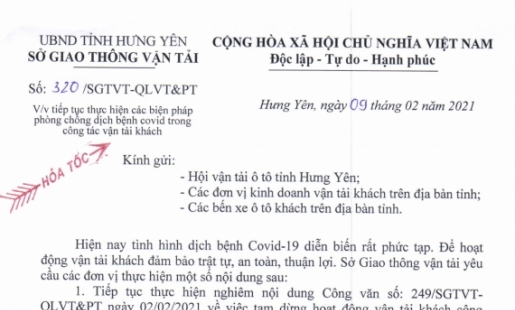 Sở GTVT tỉnh Hưng Yên: Tiếp tục thực hiện các biện pháp phòng, chống dịch bệnh Covid - 19 trong công tác vận tải khách