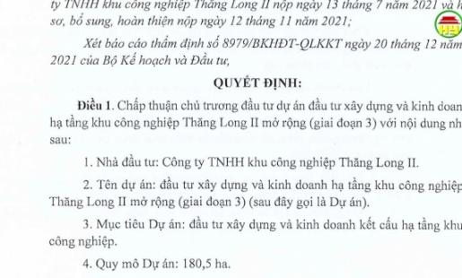 Chấp thuận chủ trương đầu tư xây dựng hạ tầng KCN Thăng Long II giai đoạn 3
