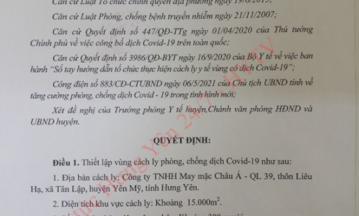 Huyện Yên Mỹ phong tỏa công ty may Châu Á tại xã Tân Lập
