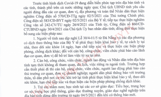 UBND tỉnh ra công điện về việc bổ sung các biện pháp phòng, chống dịch Covid-19