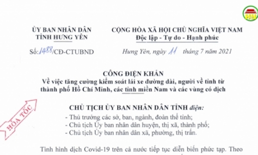 Chỉ đạo của Chủ tịch UBND tỉnh về kiểm soát người về từ vùng dịch