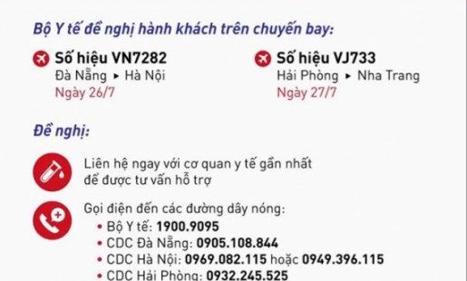 Bộ Y tế thông báo khẩn tìm người trên hai chuyến bay VN7282 và VJ733