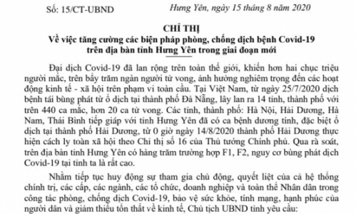 Chỉ thị của Chủ tịch UBND tỉnh về tăng cường phòng, chống dịch Covid – 19