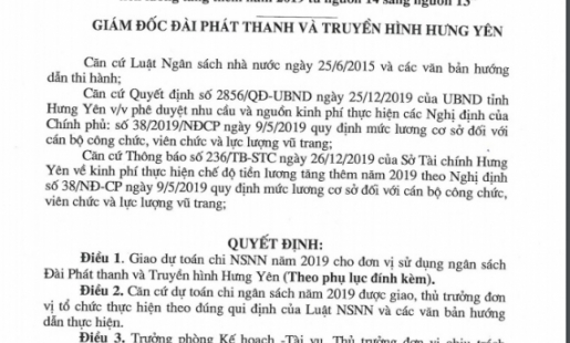 Dự toán ngân sách nhà nước bổ sung lần 1 của Đài PT&TH Hưng Yên năm 2019