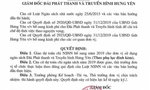 Dự toán ngân sách nhà nước bổ sung lần 2 của Đài PT&TH Hưng Yên năm 2019