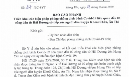 Triển khai biện pháp phòng, chống dịch Covid - 19 liên quan đến 2 công dân từ Hải Dương