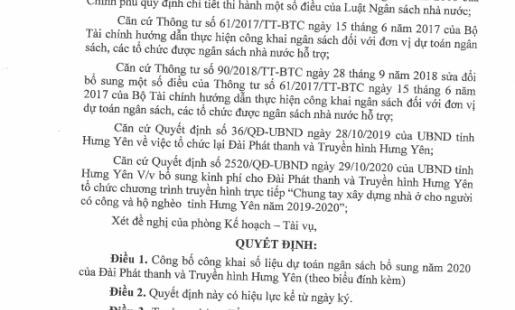 Quyết định: Về việc công bố công khai dự toán ngân sách bổ sung năm 2020 của Đài Phát thanh và Truyền hình Hưng Yên