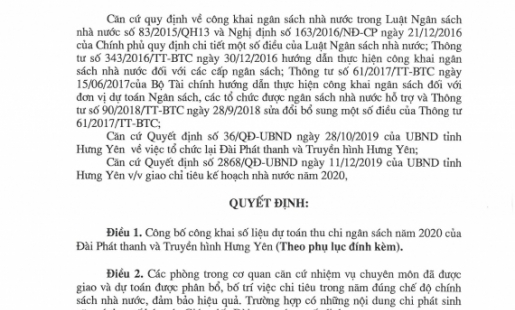 Quyết định: Về việc công bố công khai dự toán ngân sách nhà nước năm 2020