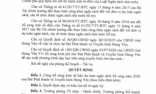 Quyết định: Về việc công bố công khai dự toán ngân sách nhà nước năm 2020. Số 376