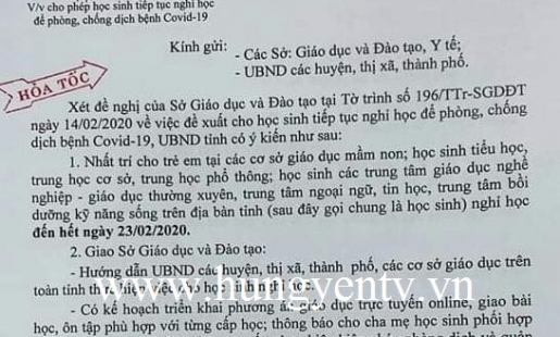 Hưng Yên tiếp tục cho học sinh nghỉ học đến hết 23/2 để phòng dịch Covid - 19
