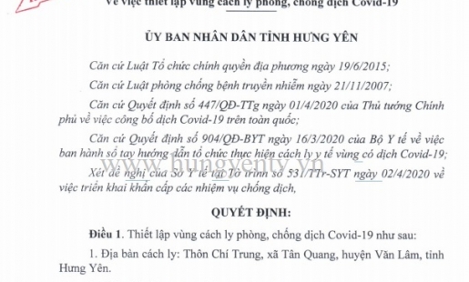 Hưng Yên: Cách ly thôn Chí Trung 28 ngày kể từ 2/4 để phòng, chống dịch Covid - 19