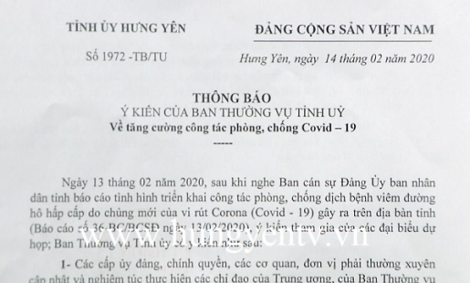 Tỉnh ủy Hưng Yên chỉ đạo tăng cường phòng, chống dịch Covid - 19